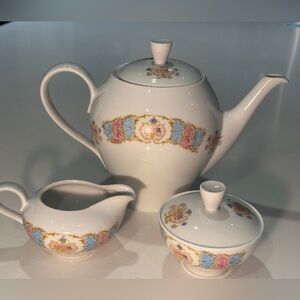Mid-20th C Limoges France Floral Teapot Set with Creamer and Sugar Bowl